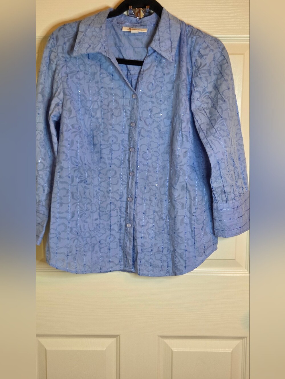 JM Collection Light Steel Blue Button Down Shirt Textured Sequin Floral Size 6